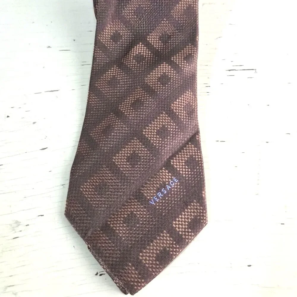 Versace Silk Tie Brown Geometric Medusa Logo Italy Designer Luxury Necktie Class